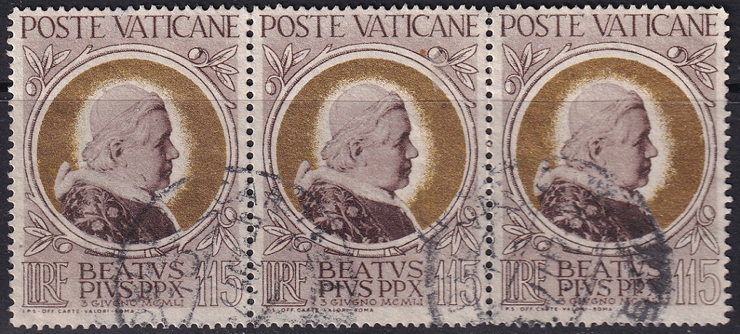 Vatican 1951 Sc 148 strip of 3 used