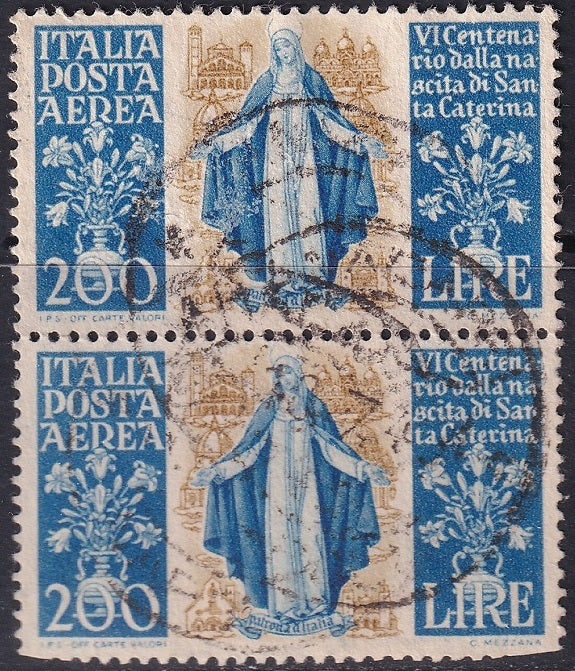 Italy 1948 Sc C128 air post pair used trimmed