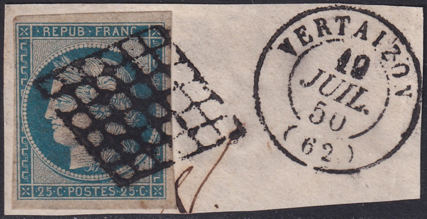 France 1850 Sc 6 used grille & Vertaizon date cancels on piece