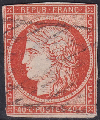 France 1850 Sc 7 used grille sans fin cancel large centre thin