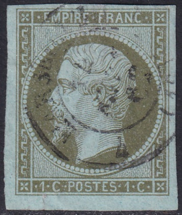 France 1860 Sc 12 used Marseille date cancel thin at top