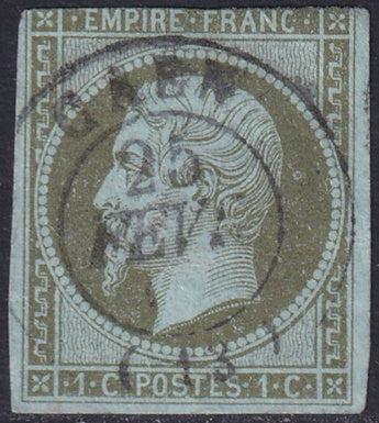 France 1860 Sc 12 used Caen date cancel small thin