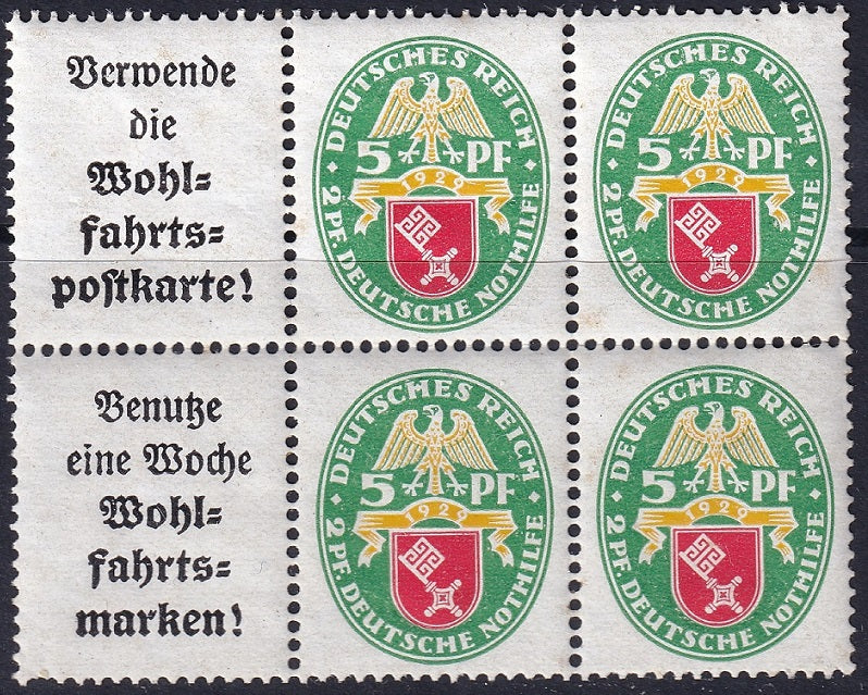 Germany 1929 Sc B28a block & labels from booklet MNH**