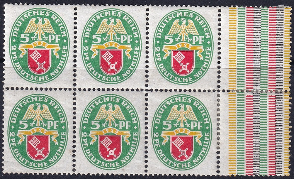 Germany 1929 Sc B28a block & colour labels from booklet MH* reinforced perfs