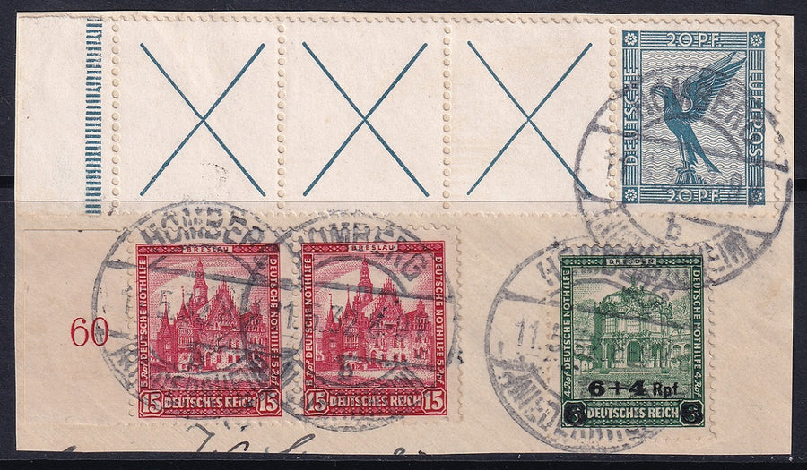 Germany 1932 Sc C30c air post strip from booklet used Homberg cancels on piece