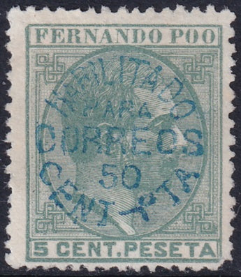 Fernando Po 1884 Sc 12 MNG(*) blue overprint on 5c green variety