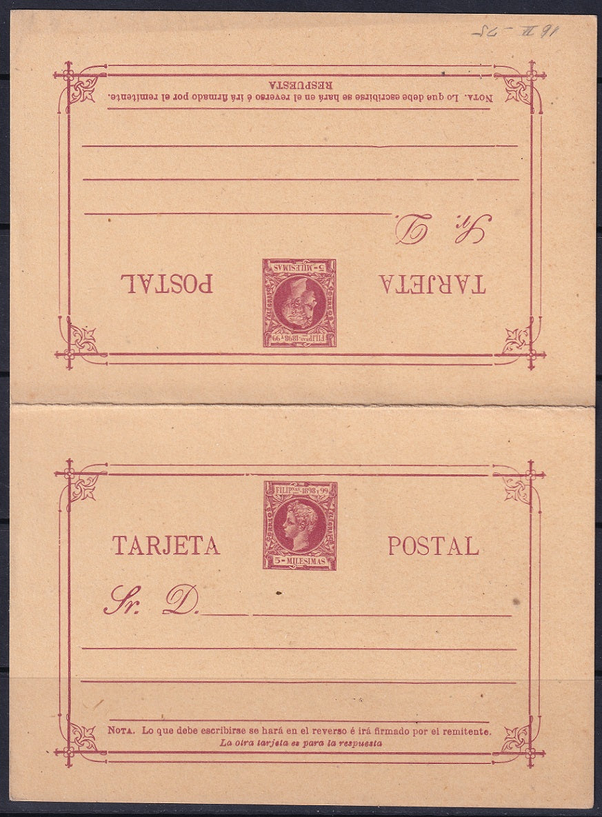 Philippines 1898 Ed entero 16 postal stationery with reply MNH**