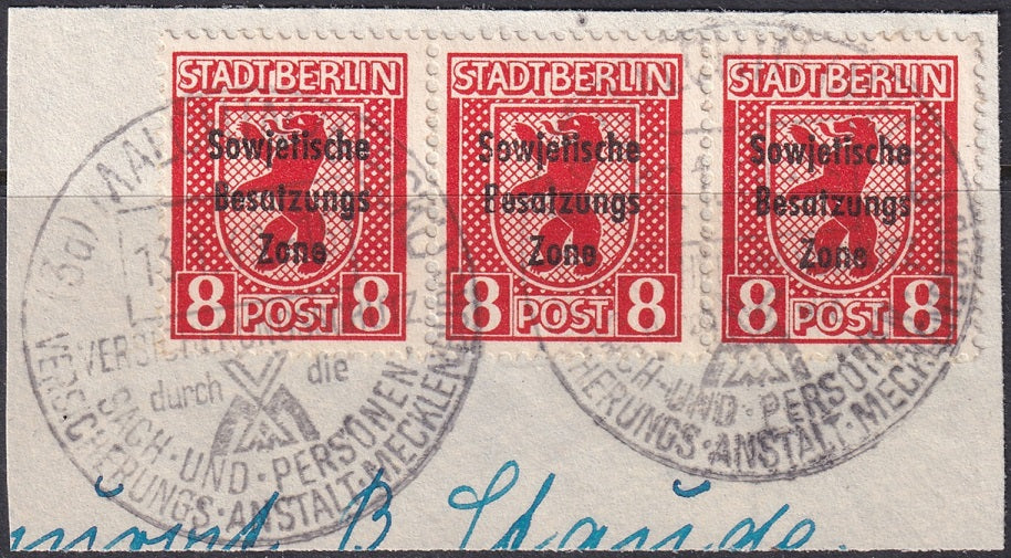 Germany 1948 Sc 10N24 Soviet Zone strip of 3 used on piece Malchin cancels