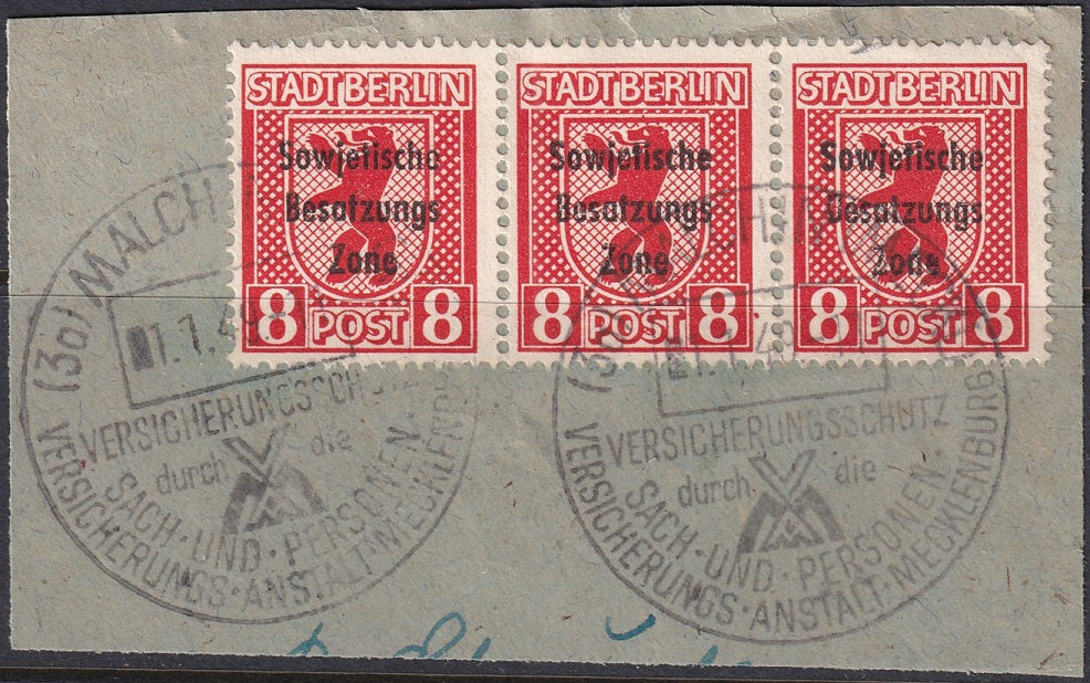 Germany 1948 Sc 10N24 Soviet Zone strip of 3 used on piece Malchin cancels