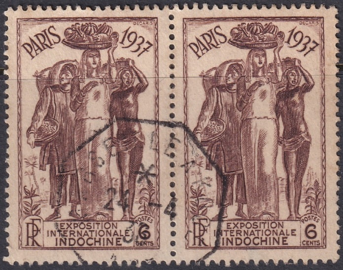 Indochina 1937 Sc 196 pair used Marseille/Yokohama n.2 paquebot cancel