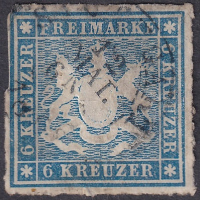 Wurttemberg 1865 Sc 43 used upper left margin cut