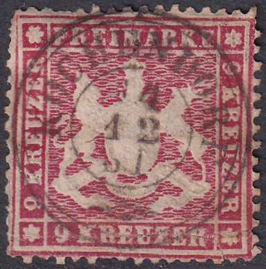 Wurttemberg 1861 Sc 27 used faulty Kochendorf cancel large bottom repair