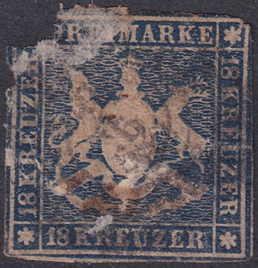 Wurttemberg 1859 Sc 18 used very faulty multiple tears/thins/repairs