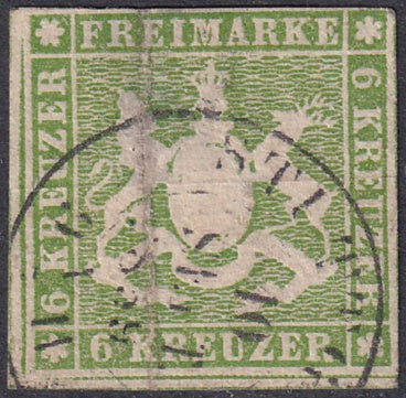 Wurttemberg 1859 Sc 16 used faulty large thin/crease torn corners