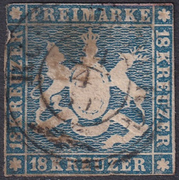 Wurttemberg 1857 Sc 12 used faulty multiple large thins