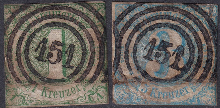 Thurn & Taxis 1859 Sc 47-8 used "151" (Romrod) ring cancel stained