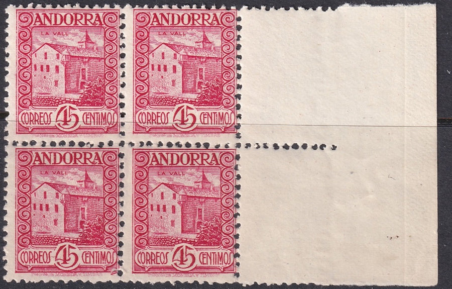 Andorra Spanish 1937 Sc 32 margin block MNH**