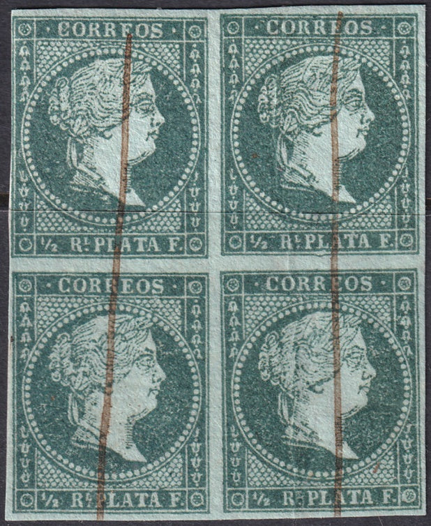 Cuba 1855 Sc 1 block used pen cancels on backing paper