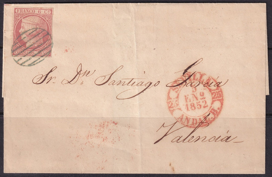 Spain 1852 Sc 12 folded letter from Sevilla to Valencia, early usage