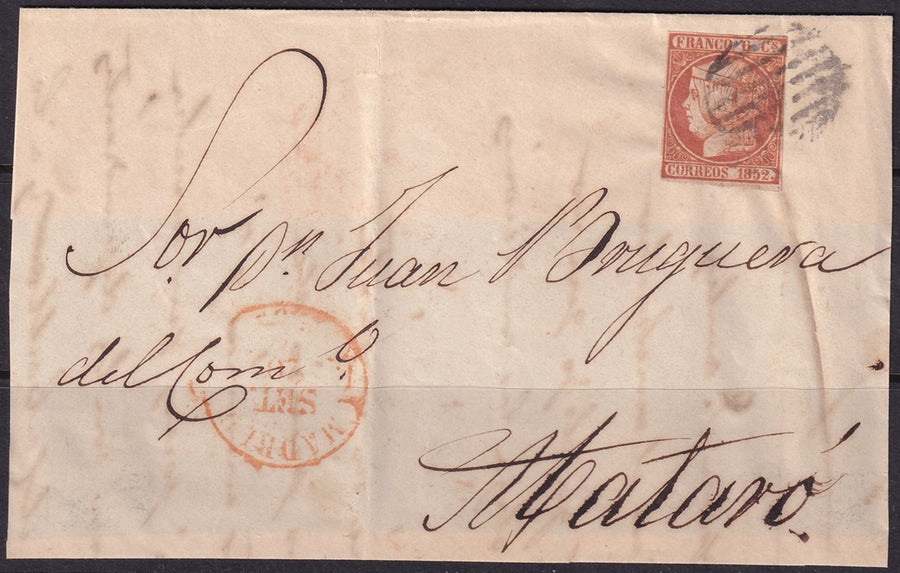 Spain 1852 Sc 12b missing dot variety on folded letter (front only) from Madrid to Mataró