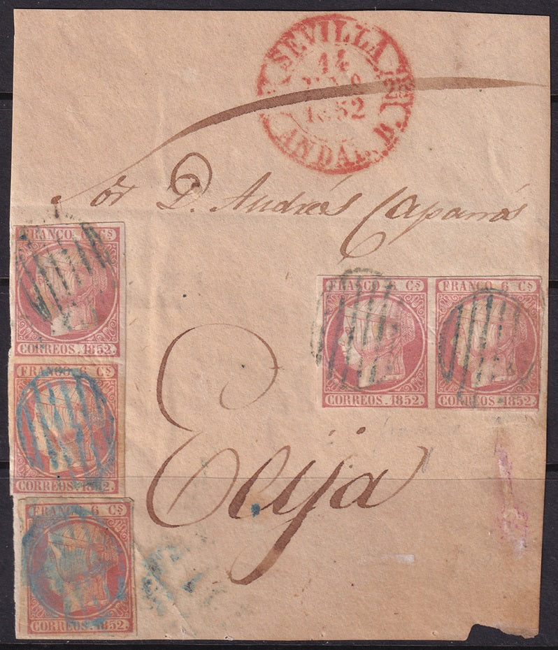 Spain 1852 Sc 12 two pairs & single on letter (front only) from Sevilla to Écija