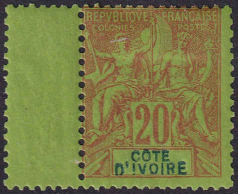 Ivory Coast 1892 Sc 9 MH* margin single