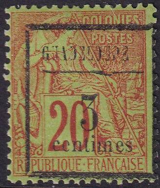 Guadeloupe 1889 Sc 3 MH* "broken bar" overprint variety