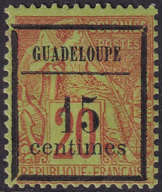 Guadeloupe 1889 Sc 4 MH* "longest centimes" overprint type thin/heavy hinge 