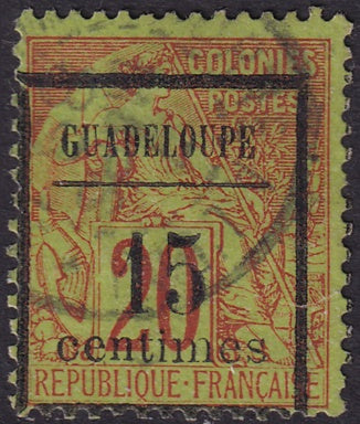 Guadeloupe 1889 Sc 4 used "longer centimes" overprint centre hinge thin