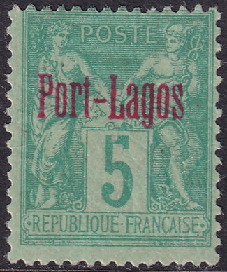 French Offices Port Lagos 1893 Sc 1a MH* disturbed gum carmine overprint
