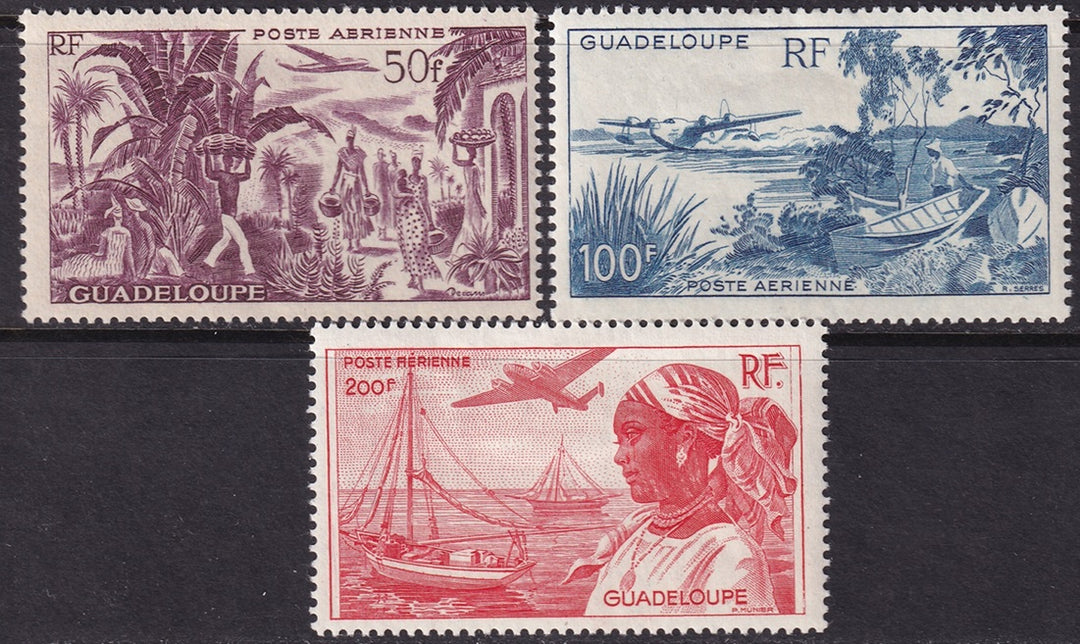 Guadeloupe 1947 Sc C10-2 air post set MH* heavy hinges