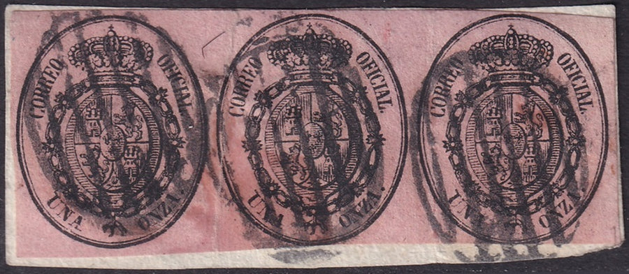 Spain 1855 Sc O6 official strip of 3 used on piece grill (parrilla) cancels