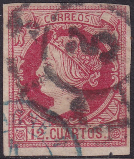 Spain 1860 Sc 51 used "3" (Cádiz) cartwheel (rueda) cancel