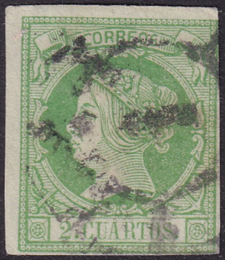 Spain 1860 Sc 49 used "1" (Madrid) cartwheel (rueda) cancel