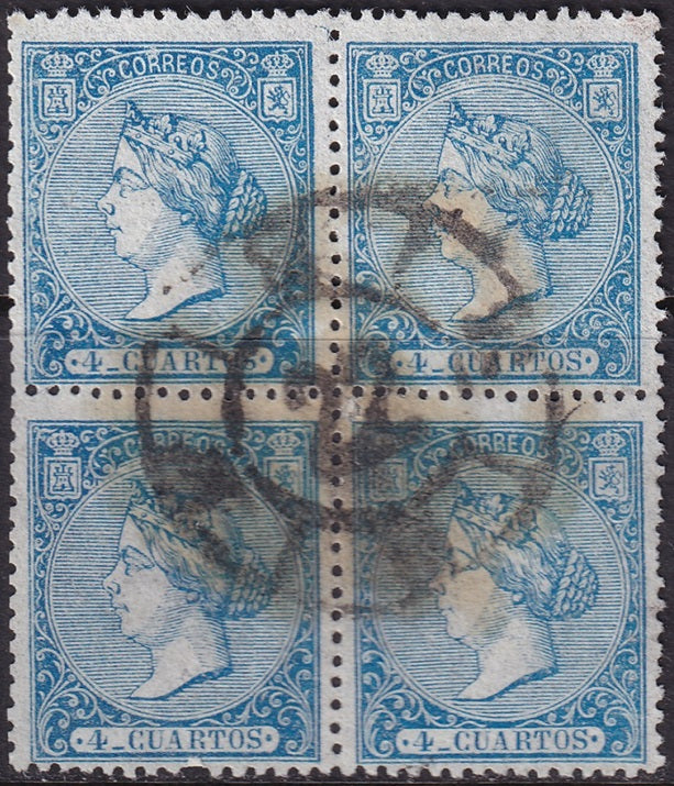 Spain 1866 Sc 82 block used "22" (Caceres) cartwheel (rueda) cancel