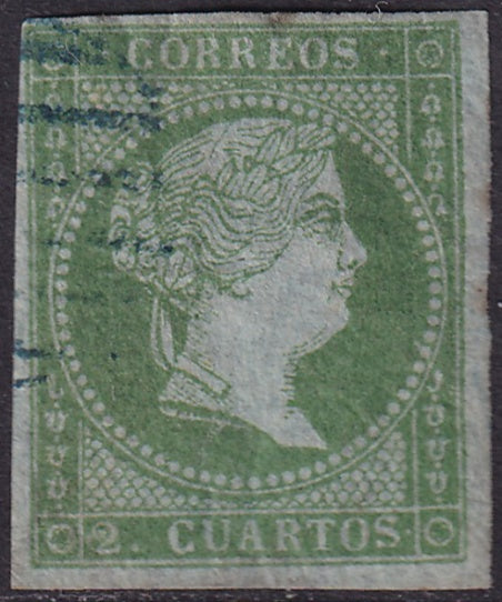 Spain 1855 Sc 36 used blue grill (parrilla) cancel experts backstamp