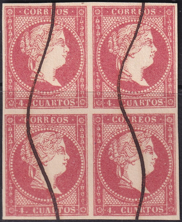 Spain 1859 Sc 45a block used pen (pluma) cancels type III