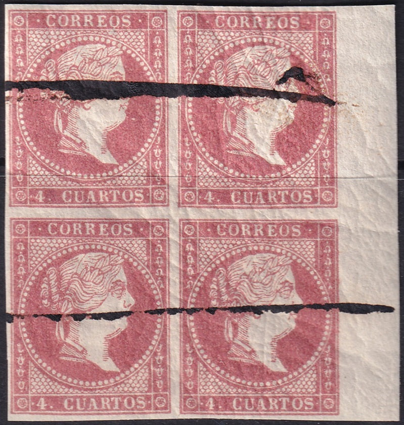 Spain 1859 Sc 45a block used pen (pluma) cancels type III creasing