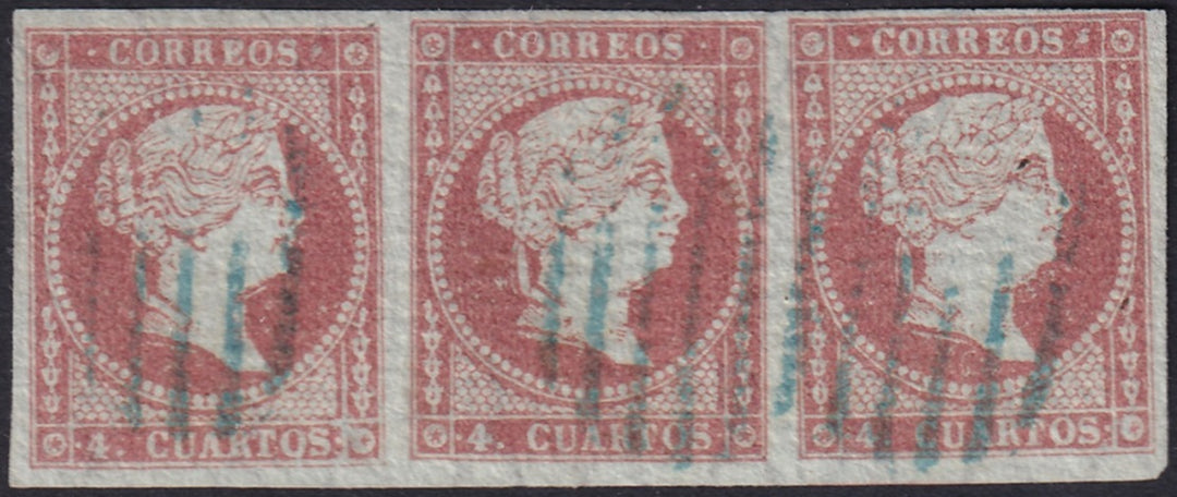 Spain 1855 Sc 37 strip of 3 used open blue grill (parrilla) cancels