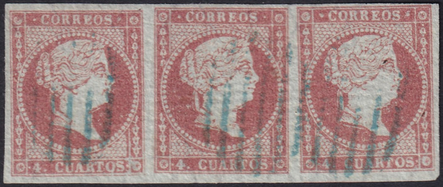 Spain 1855 Sc 37 strip of 3 used open blue grill (parrilla) cancels