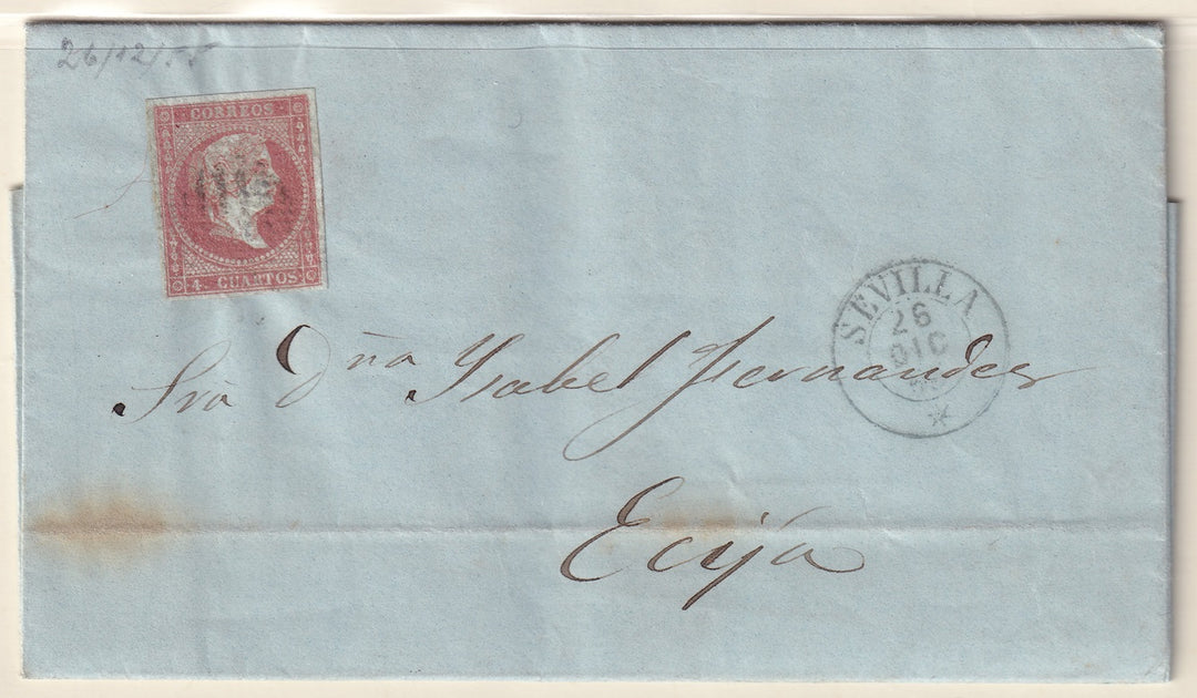 Spain 1855 Sc 37 folded letter from Sevilla to Ecija shifted watermark