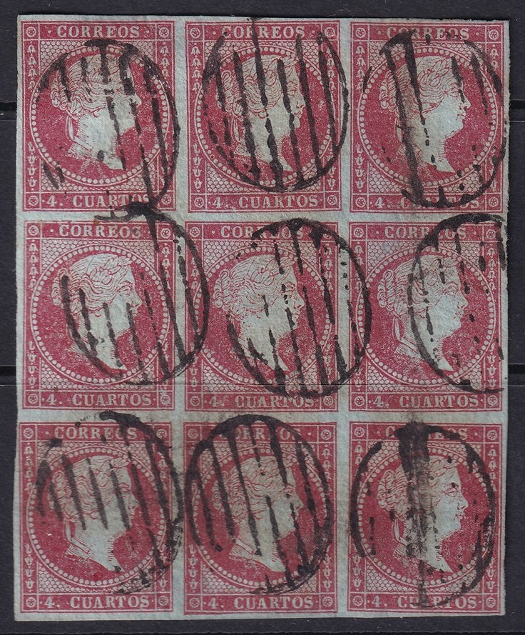 Spain 1855 Sc 37a block of 9 used grill (parrilla) cancels