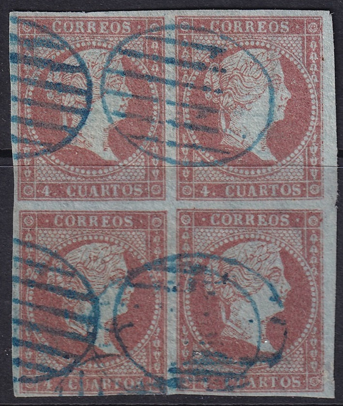 Spain 1855 Sc 37 block used blue grill (parrilla) cancels