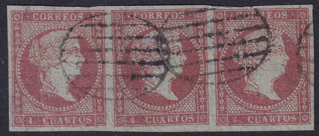 Spain 1855 Sc 37 strip of 3 used grill (parrilla) cancels