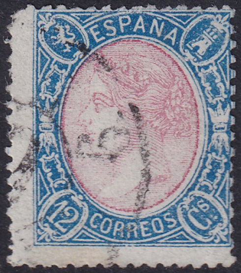 Spain 1865 Sc 76 used "6" (Málaga) modified cartwheel (rueda) cancel