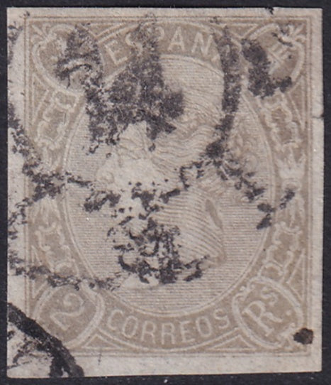 Spain 1865 Sc 72 used cartwheel "14" (Vallodolid) (rueda) cancel