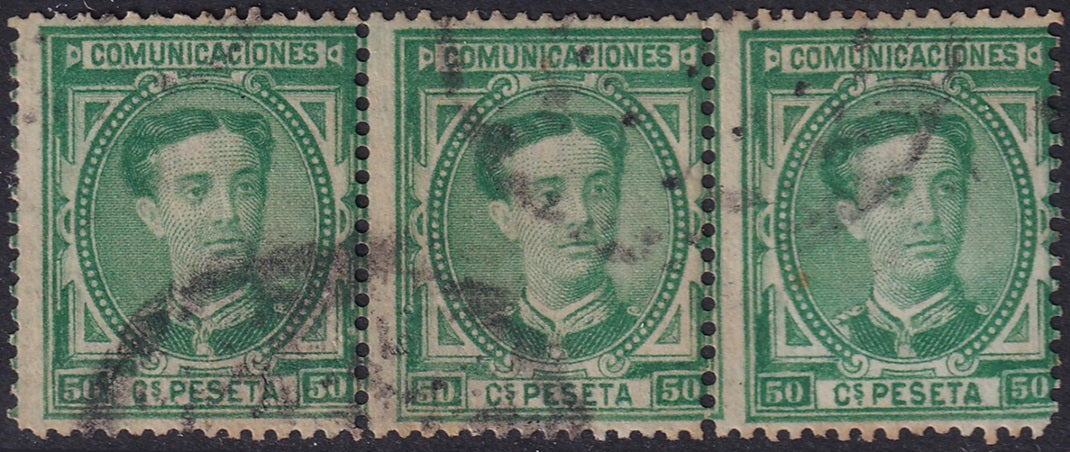 Spain 1876 Sc 227 strip of 3 used toned perfs