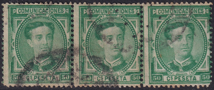 Spain 1876 Sc 227 strip of 3 used toned perfs