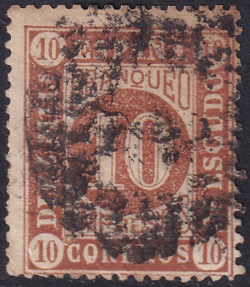 Spain 1867 Sc 95b used heavy parrilla con numero cancel