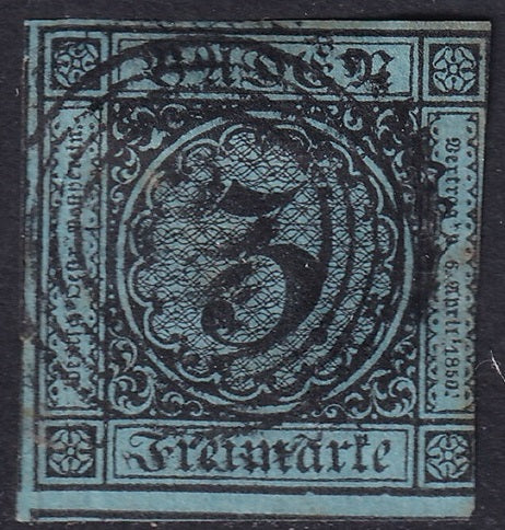 Baden 1858 Sc 8 used tiny margin cut at left